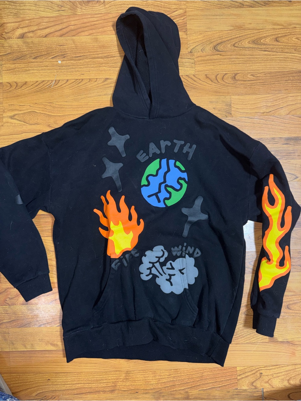 PacSun Black Kids Hoodie with Earth, Flame & Cloud Graphics